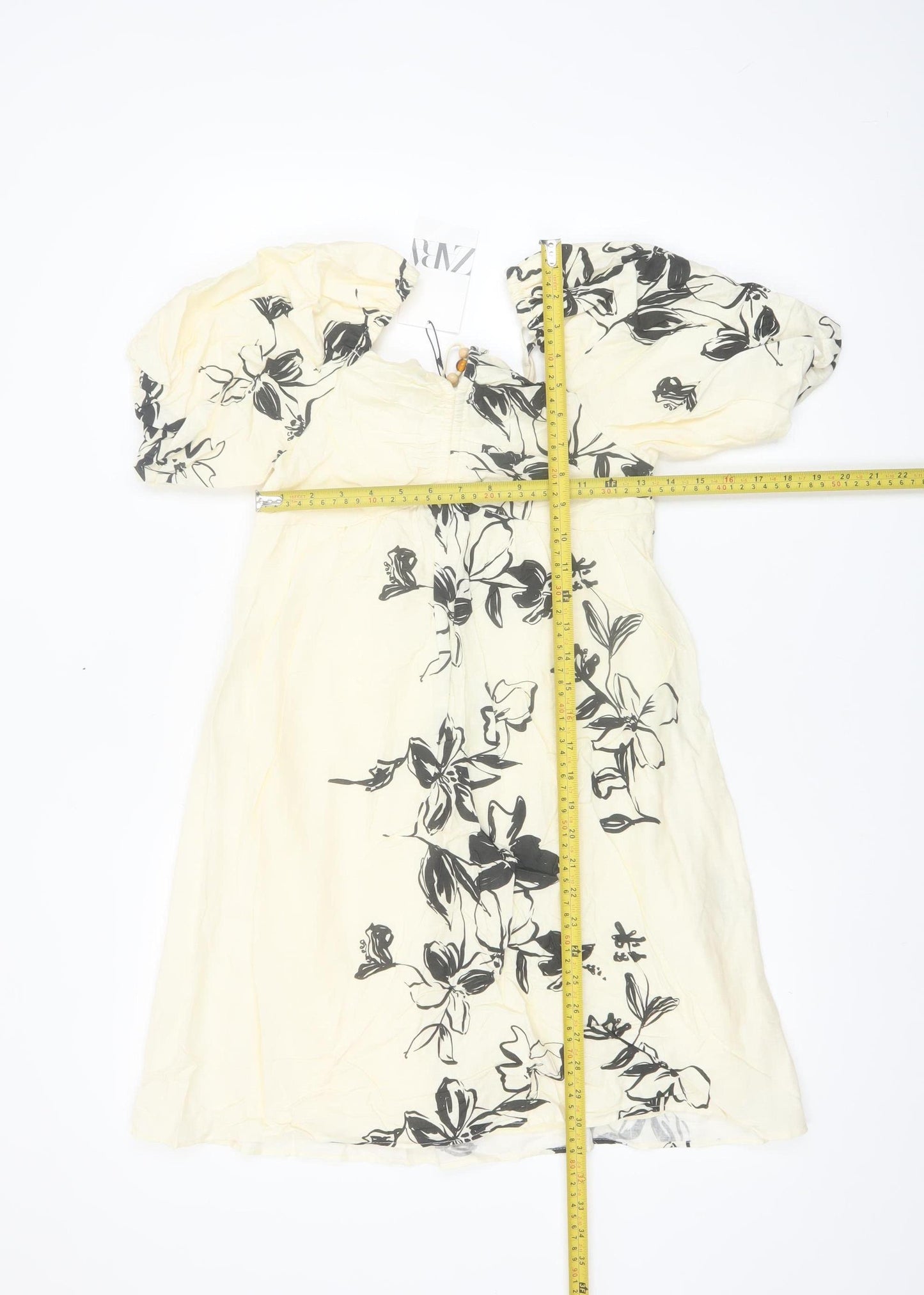 ZARA Girls Ivory Floral Linen Blend Puff Sleeve A-Line Dress 11-12 Years