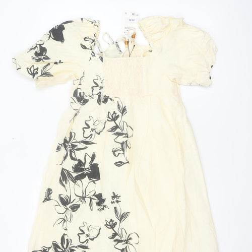 ZARA Girls Ivory Floral Linen Blend Puff Sleeve A-Line Dress 11-12 Years