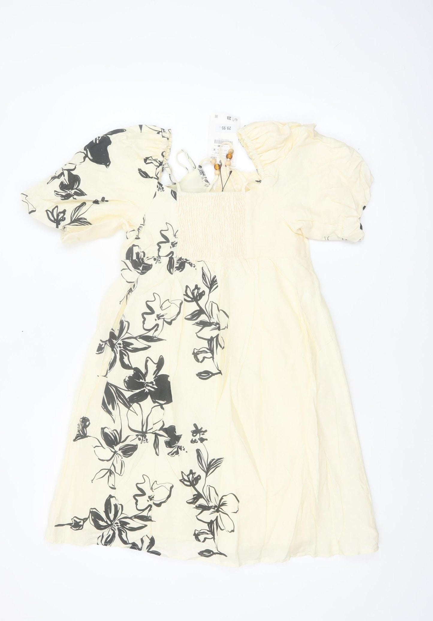 ZARA Girls Ivory Floral Linen Blend Puff Sleeve A-Line Dress 11-12 Years