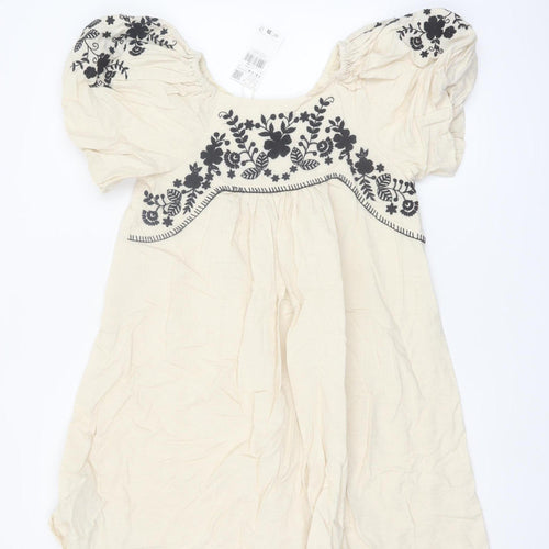 Mango Girls Ivory Embroidered Boho Cotton Linen Knee Length Dress 13-14 Years