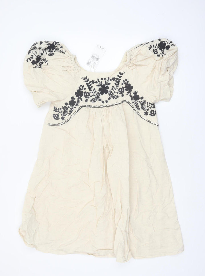 Mango Girls Ivory Embroidered Boho Cotton Linen Knee Length Dress 13-14 Years