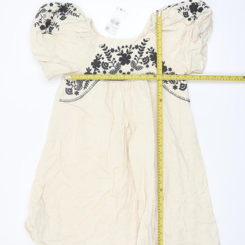 Mango Girls Ivory Embroidered Boho Cotton Linen Knee Length Dress 13-14 Years