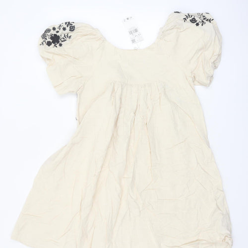 Mango Girls Ivory Embroidered Boho Cotton Linen Knee Length Dress 13-14 Years