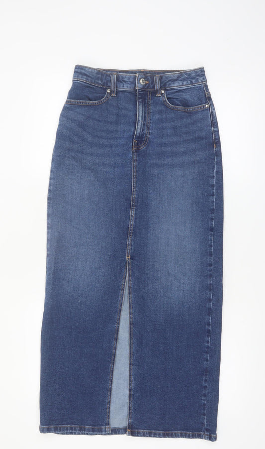 F&F Women Blue Denim Midi Pencil Skirt Size 8 Stretch High Rise