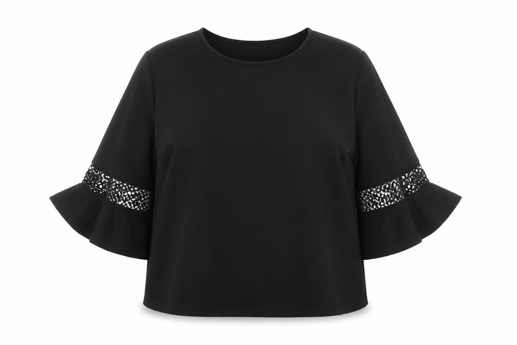 Front view of Dunnes Women’s Black Cotton 3/4 Flared Sleeve Blouse, size L