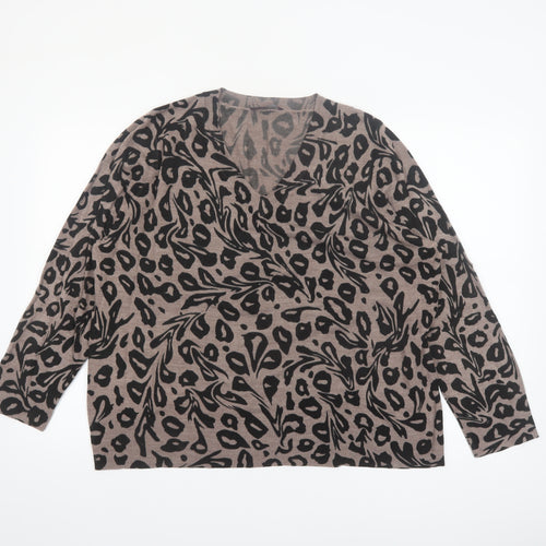 Evans Women Brown Leopard Print V-Neck Acrylic Jumper Size 22/24