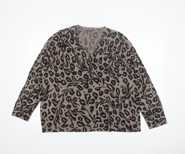 Evans Women Brown Leopard Print V-Neck Acrylic Jumper Size 22/24
