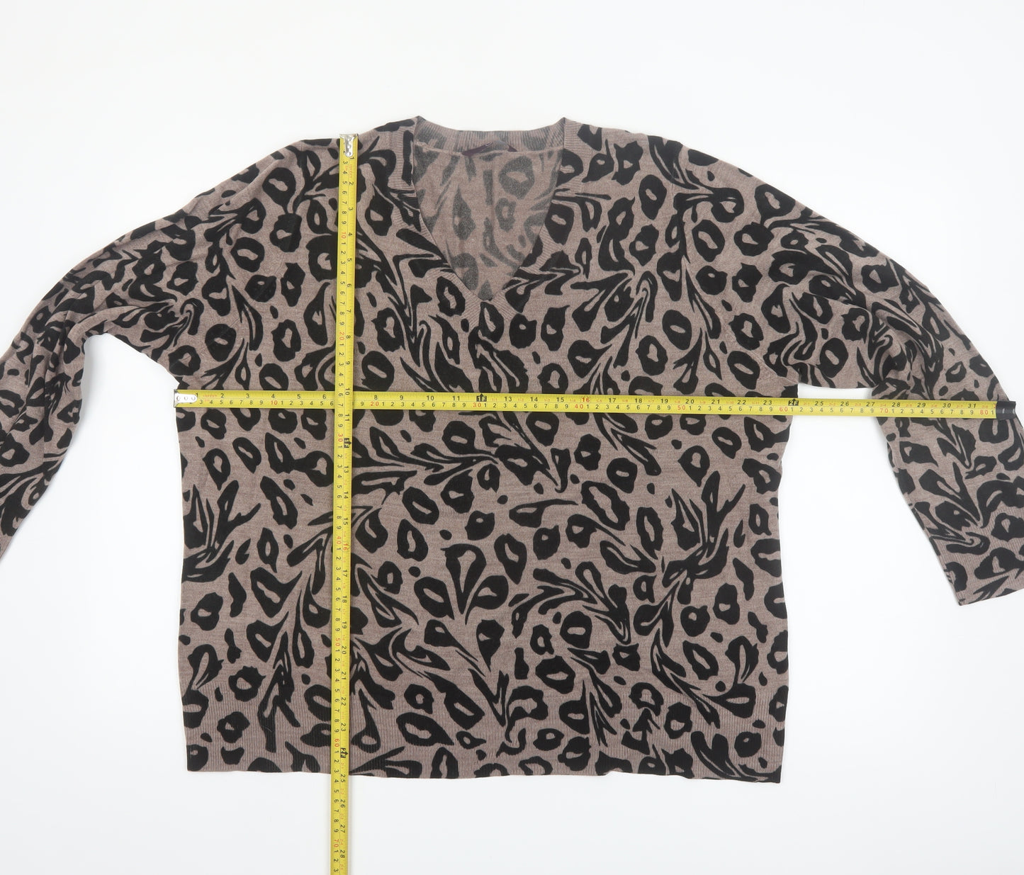 Evans Women Brown Leopard Print V-Neck Acrylic Jumper Size 22/24