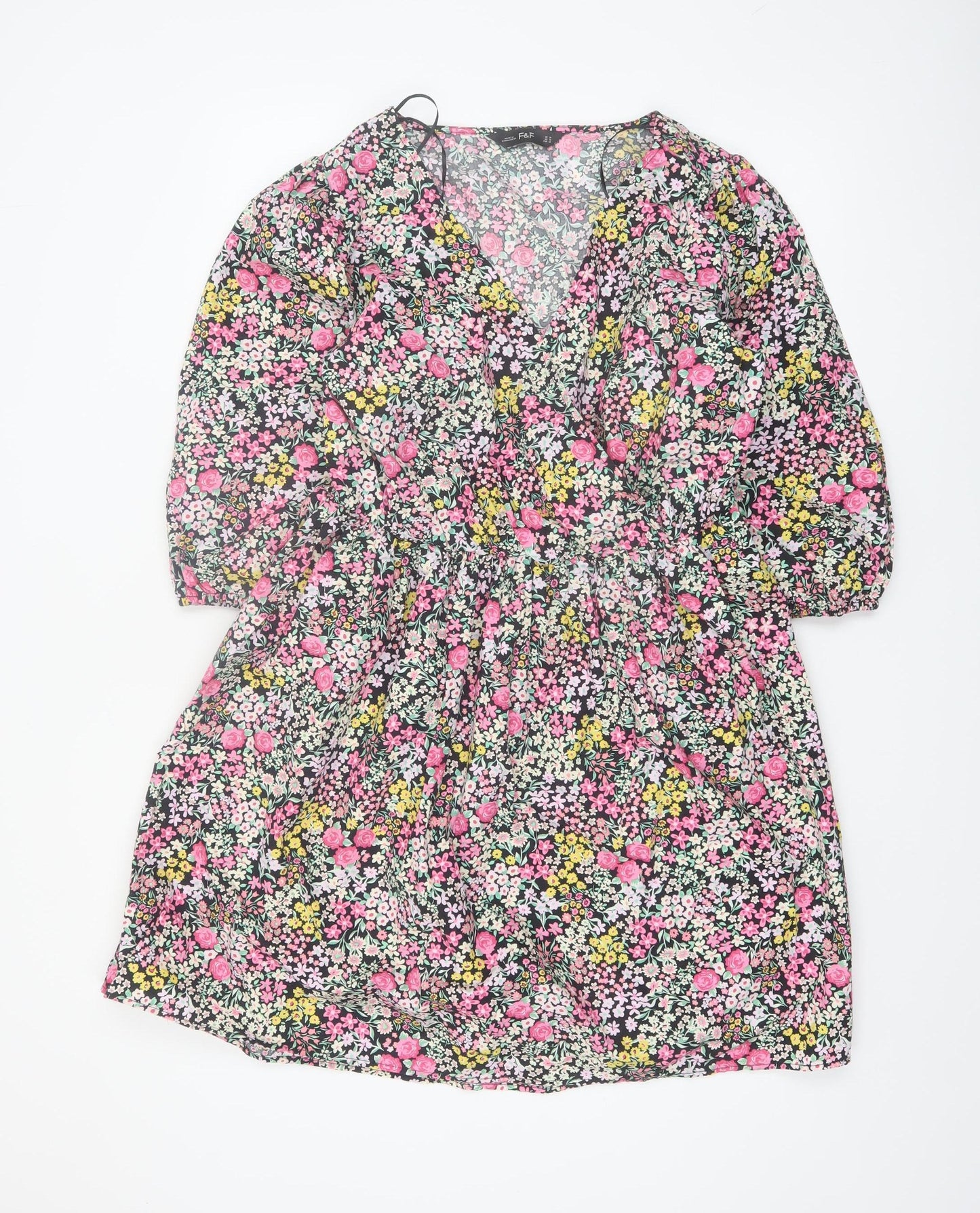 F&F Women's Multicoloured Floral A-Line V-Neck Dress Size 14