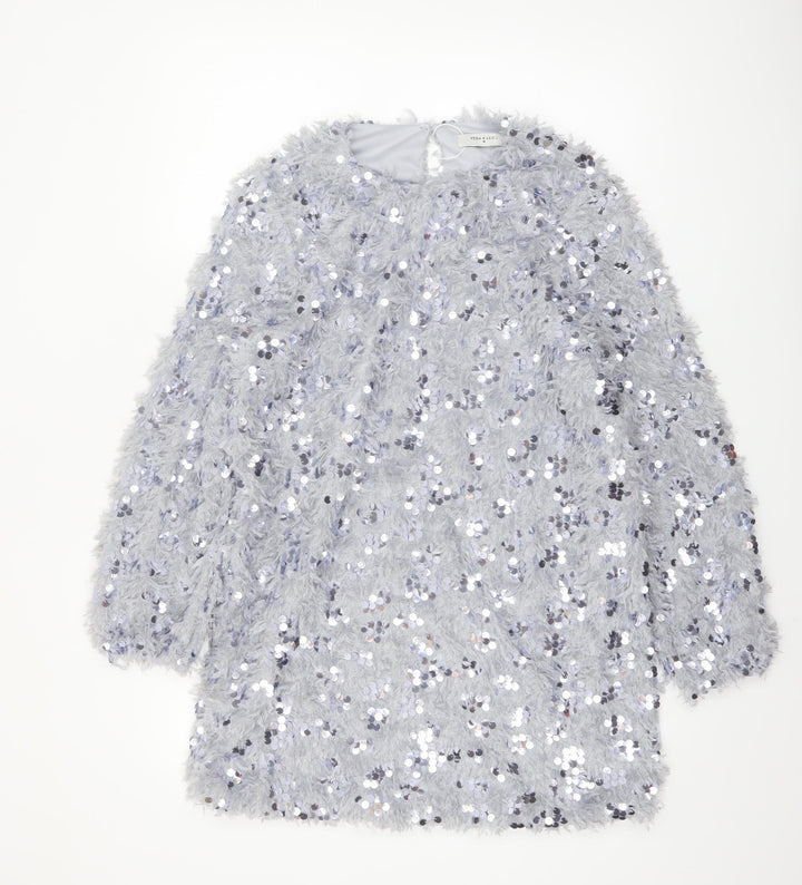 Vera & Lucy Women Silver Sequin Shift Party Dress M