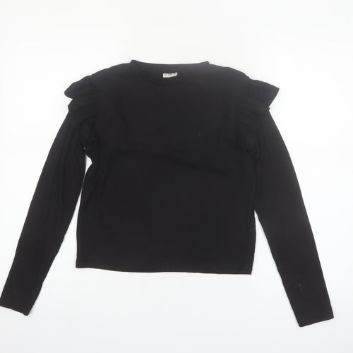 F&F Girls Black Long Sleeve Ruffle Ribbed Pullover Top 12-13 Years