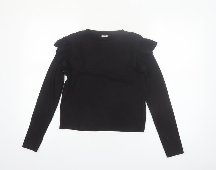 F&F Girls Black Long Sleeve Ruffle Ribbed Pullover Top 12-13 Years