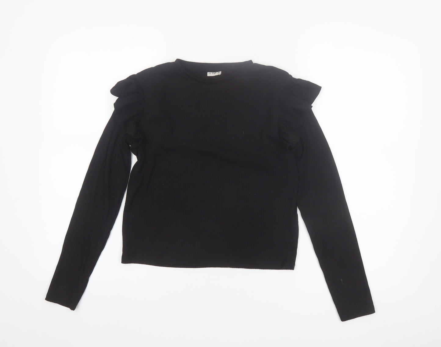 F&F Girls Black Long Sleeve Ruffle Ribbed Pullover Top 12-13 Years