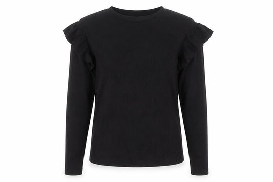 F&F Girls Black Long Sleeve Ruffle Ribbed Pullover Top 12-13 Years