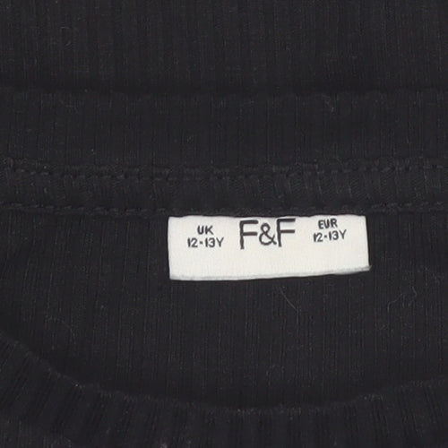 F&F Girls Black Long Sleeve Ruffle Ribbed Pullover Top 12-13 Years