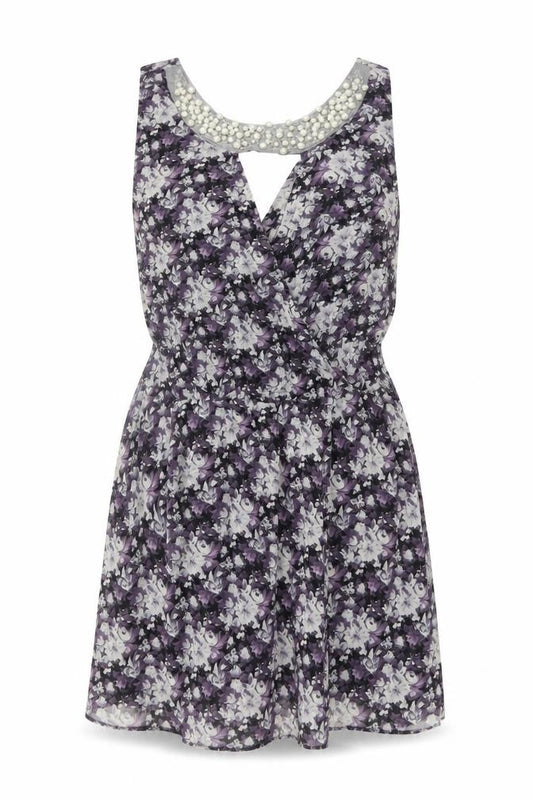 Front view of Miss Real Women’s Purple Floral Beaded Skater Dress, size UK 14