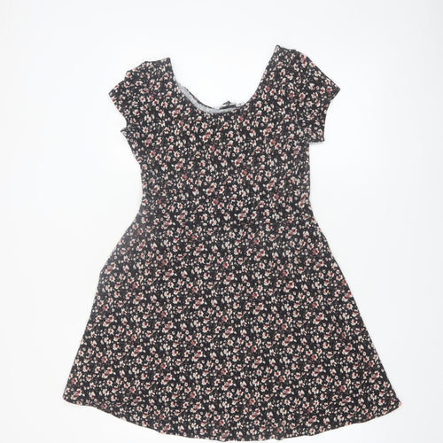 New Look Women Black Floral Short Sleeve Skater Dress Size 10