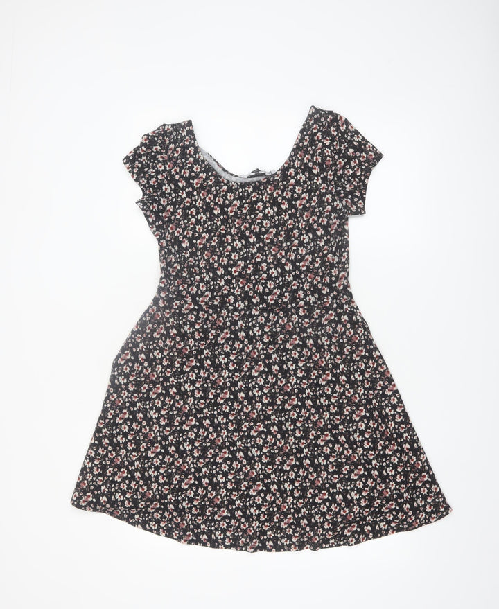 New Look Women Black Floral Short Sleeve Skater Dress Size 10