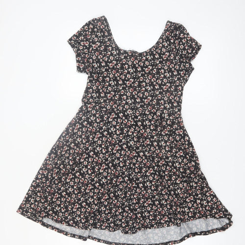 New Look Women Black Floral Short Sleeve Skater Dress Size 10