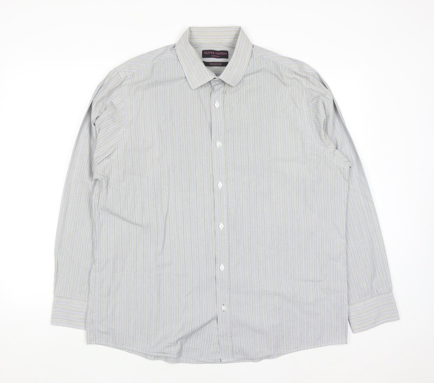 Oliver Thomas Men's Grey Striped Cotton Long Sleeve Button-Up Shirt Size 17