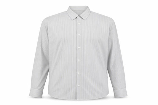 Front view of Oliver Thomas Men's Grey Striped Cotton Long Sleeve Button-Up Shirt, size 17