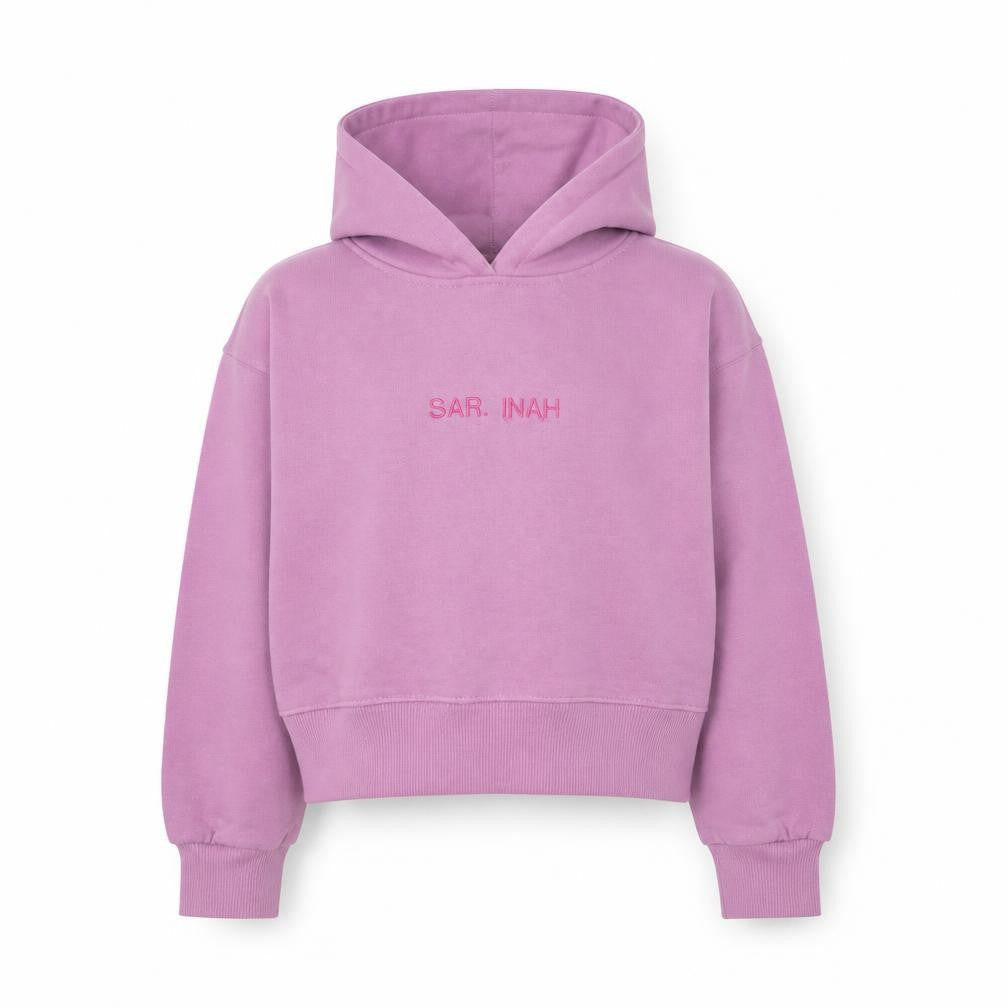 Front view of Zara girls’ purple embroidered pullover hoodie -, size 6, years
