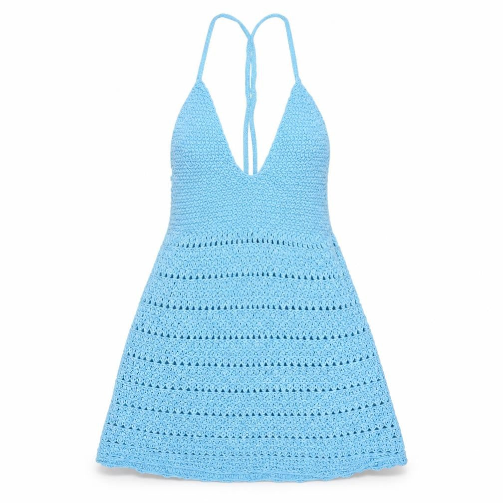 Front view of Collusion Women Blue Crochet Sleeveless V-Neck jumper UK 12