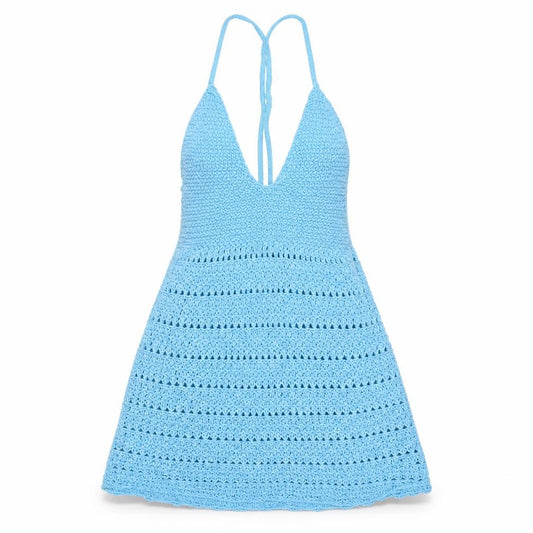 Front view of Collusion Women Blue Crochet Sleeveless V-Neck jumper UK 12