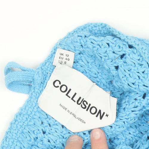 COLLUSION Women Blue Crochet Sleeveless V-Neck Pullover Jumper UK 12