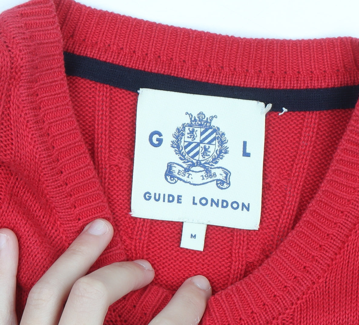 Guide London Men’s Red Cotton Cable-Knit Crew Neck Jumper M