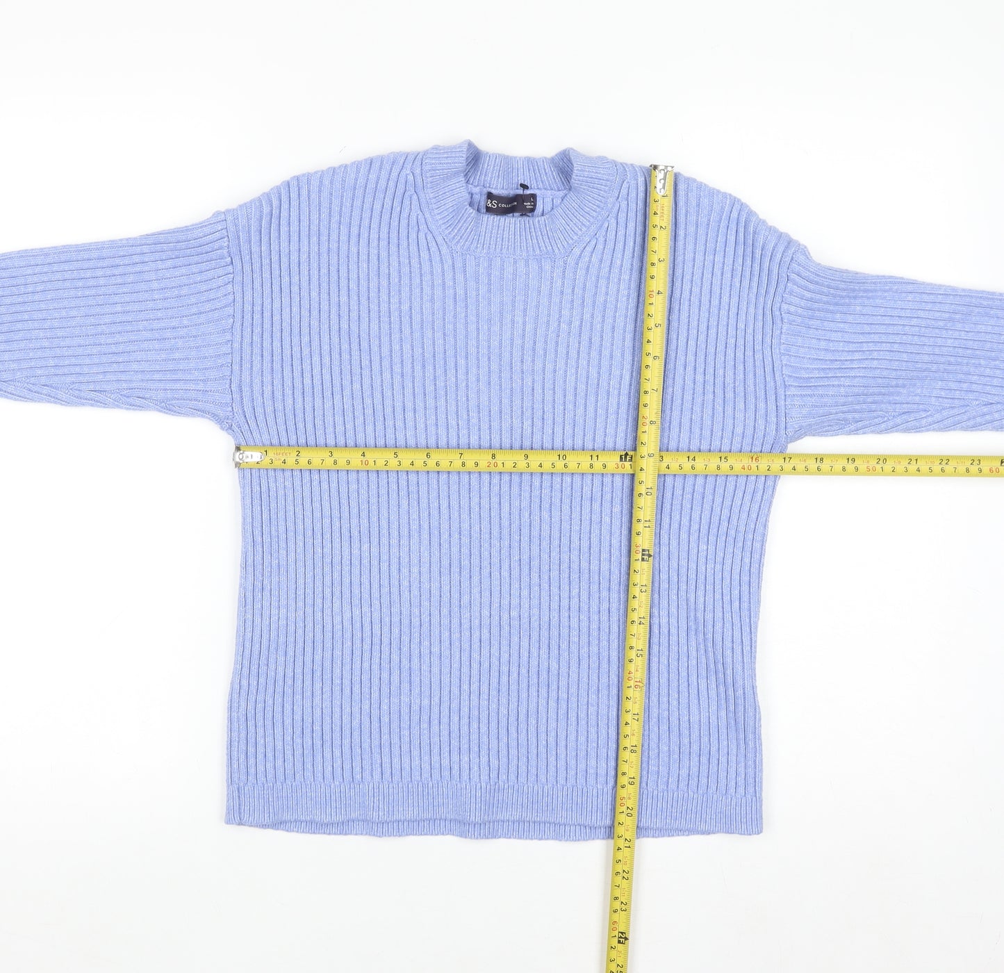 Marks and Spencer Men's Blue Ribbed Knit Crew Neck Jumper L