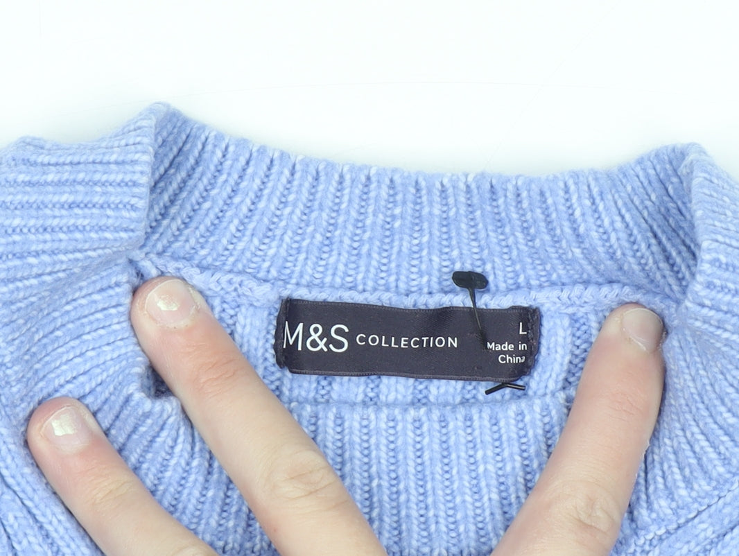 Marks and Spencer Men's Blue Ribbed Knit Crew Neck Jumper L