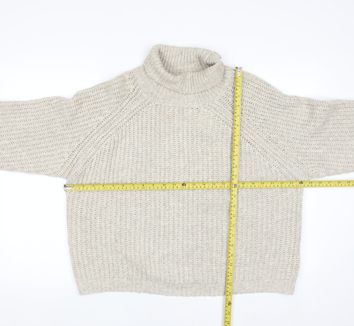 Pull & Bear Men's Beige Roll Neck Chunky Knit Jumper Size M