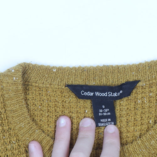 Cedar Wood State Men's Yellow Chunky Knit Crew Neck Jumper Size S