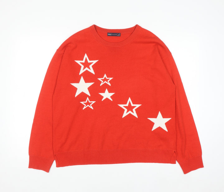Marks and Spencer Women Red Star Pattern Jumper Size 16 Acrylic Knit