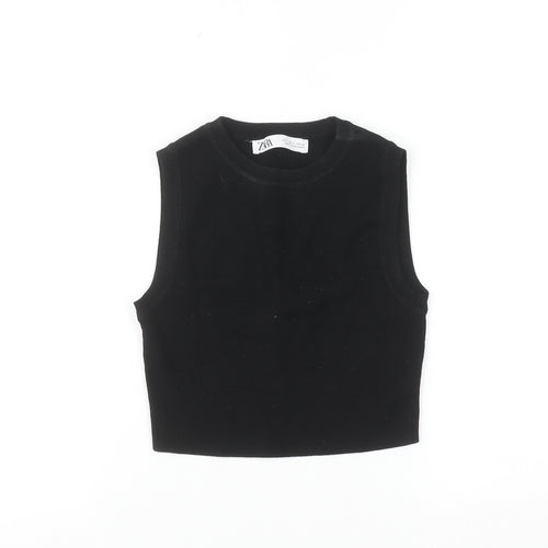 ZARA Women Black Sleeveless Cotton Knit Crew Neck Vest S