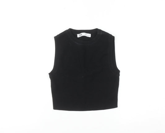 ZARA Women Black Sleeveless Cotton Knit Crew Neck Vest S