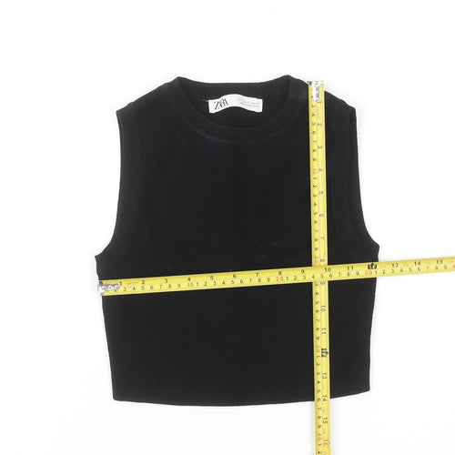 ZARA Women Black Sleeveless Cotton Knit Crew Neck Vest S