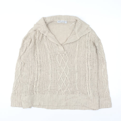 Brave Soul Women Beige Cable Knit Collared Pullover Jumper Size 14