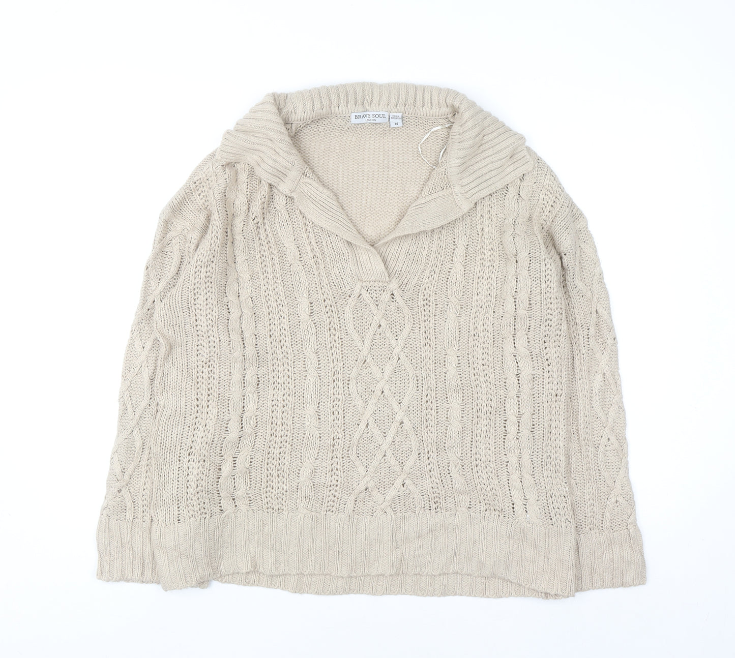 Brave Soul Women Beige Cable Knit Collared Pullover Jumper Size 14