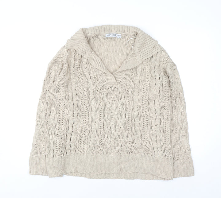 Brave Soul Women Beige Cable Knit Collared Pullover Jumper Size 14