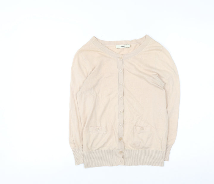 Oasis Women’s Beige Cotton Knit Cardigan Size S Crew Neck