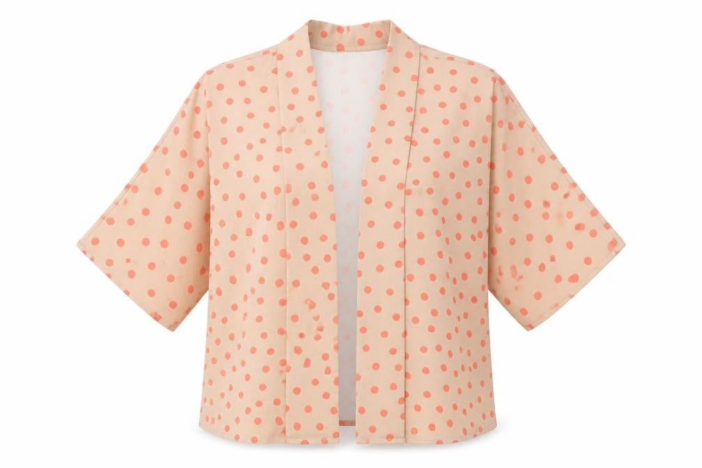 Front view of Gallery Women Beige Polka Dot Kimono Blouse, size 12