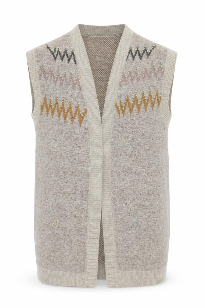 Front view of Saint Tropez Beige Knit Geometric Sleeveless Vest S