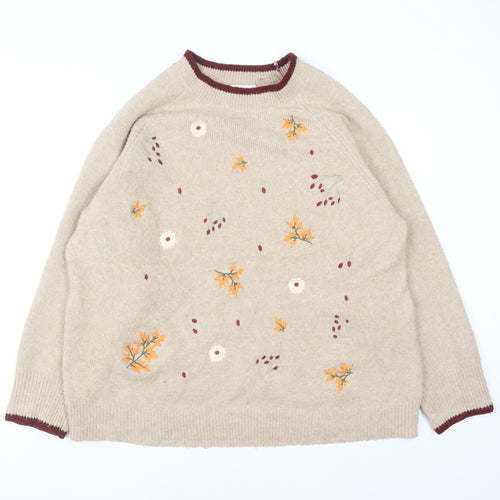 Autonomy Women Beige Floral Embroidered Plus Pullover Jumper Size 22