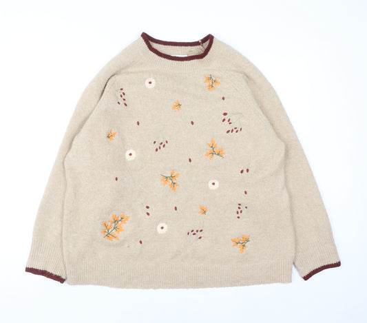 Autonomy Women Beige Floral Embroidered Plus Pullover Jumper Size 22