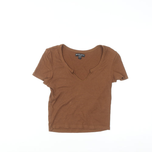 Brave Soul Women Brown Cropped V-Neck Short Sleeve T-Shirt S