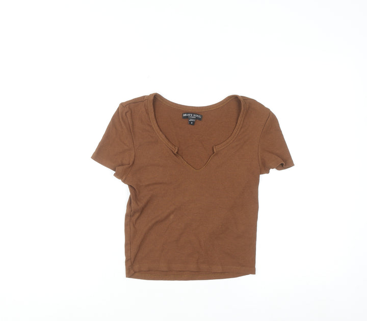 Brave Soul Women Brown Cropped V-Neck Short Sleeve T-Shirt S
