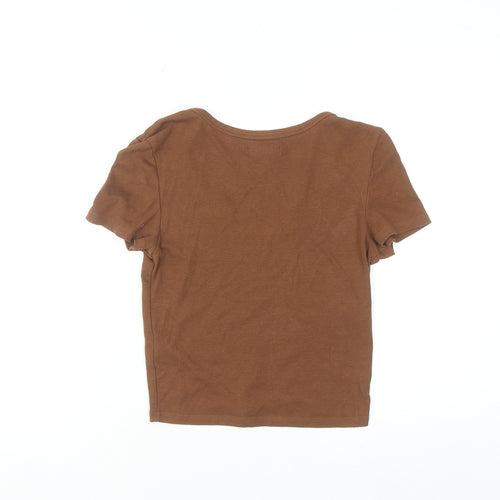Brave Soul Women Brown Cropped V-Neck Short Sleeve T-Shirt S