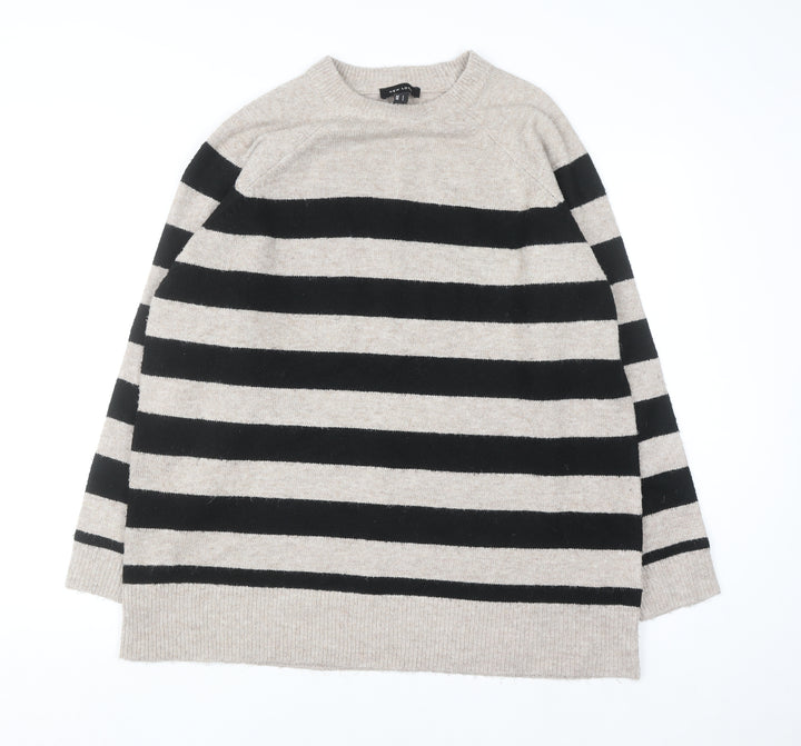 New Look Women Beige Black Striped Long Sleeve Pullover Jumper L